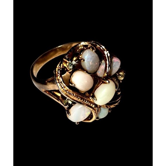 Vintage Opal and Rhinestone Cluster Ring Gold Leaf Design Size 5 - Picture 5 of 10